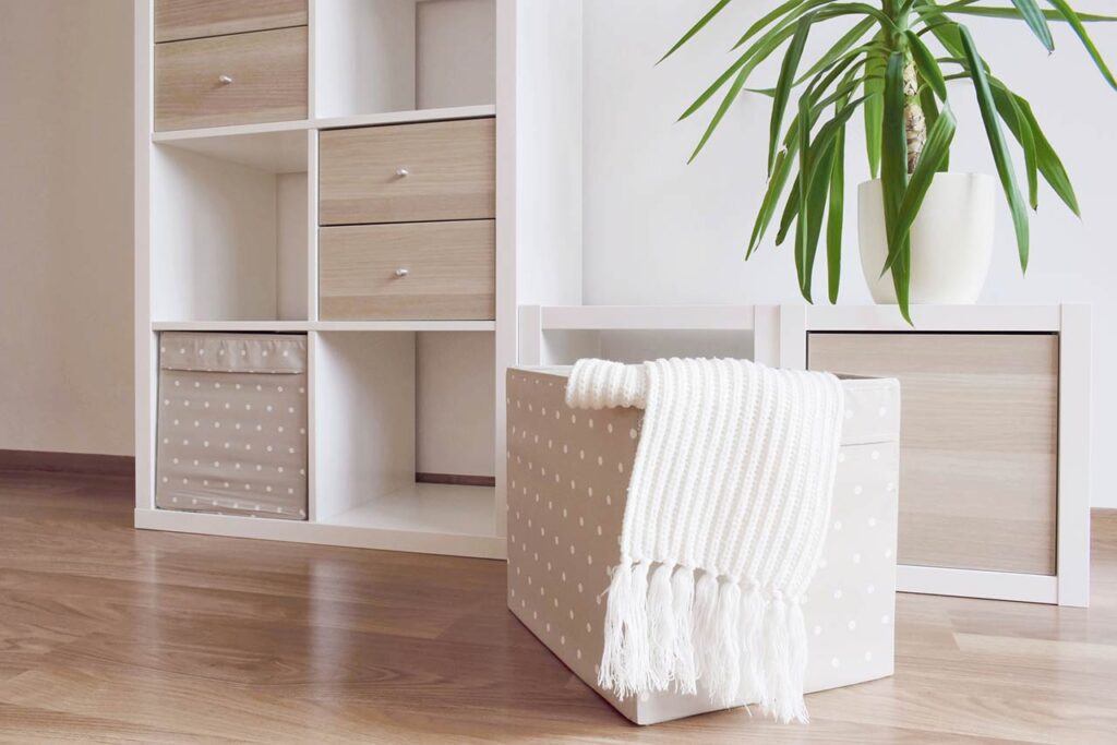 Photo of modern furniture, white shelves