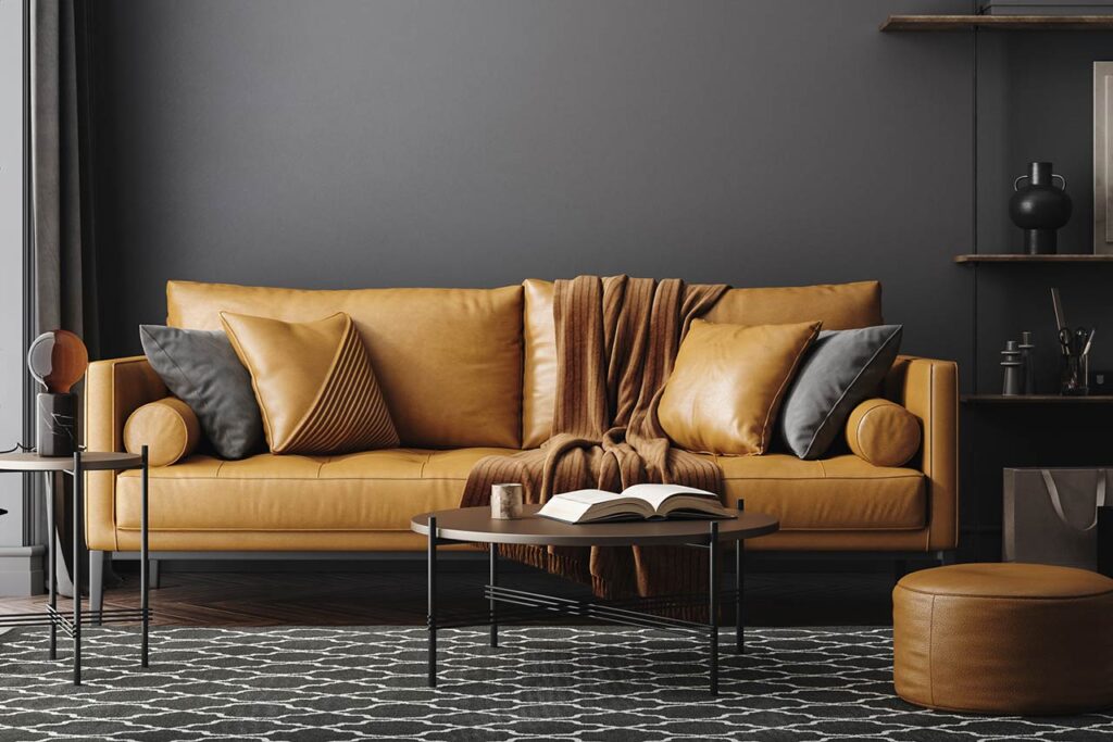 Black living room interior with leather sofa, minimalist industrial style